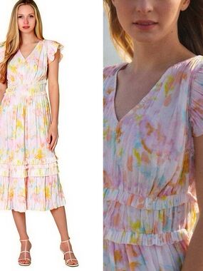 Current Air Floral Midi Dress Pink Multi Tiered Ruffle Sleeve NWT Small